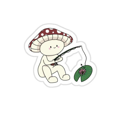 Little Mushroom Guy fishing for Lilly pads Sticker